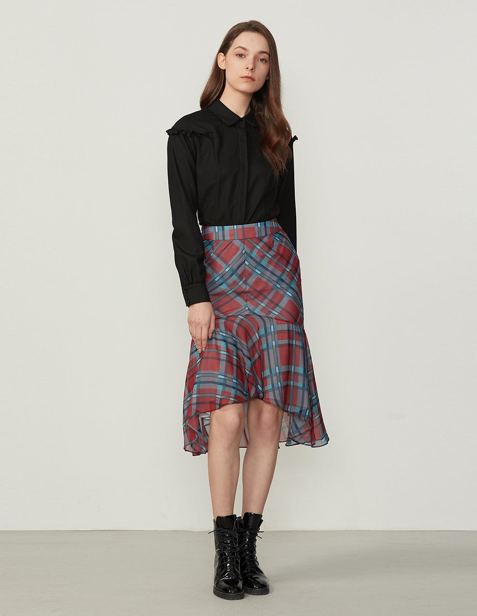 BORA AKSU Chiffon Tartan Pattern Midi Mermaid Skirt Women