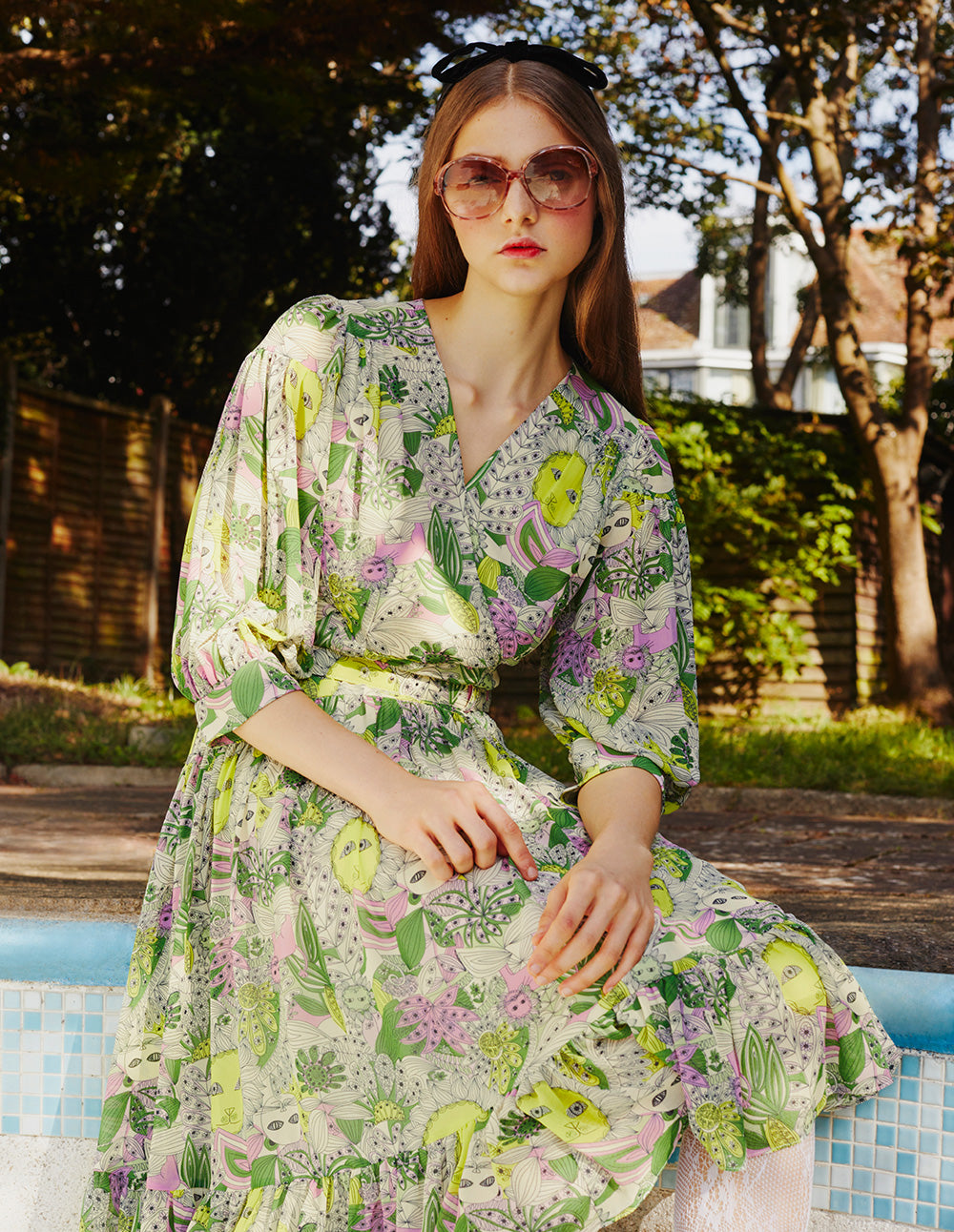 BORA AKSU Puff Sleeve V-Neck Printed Dress