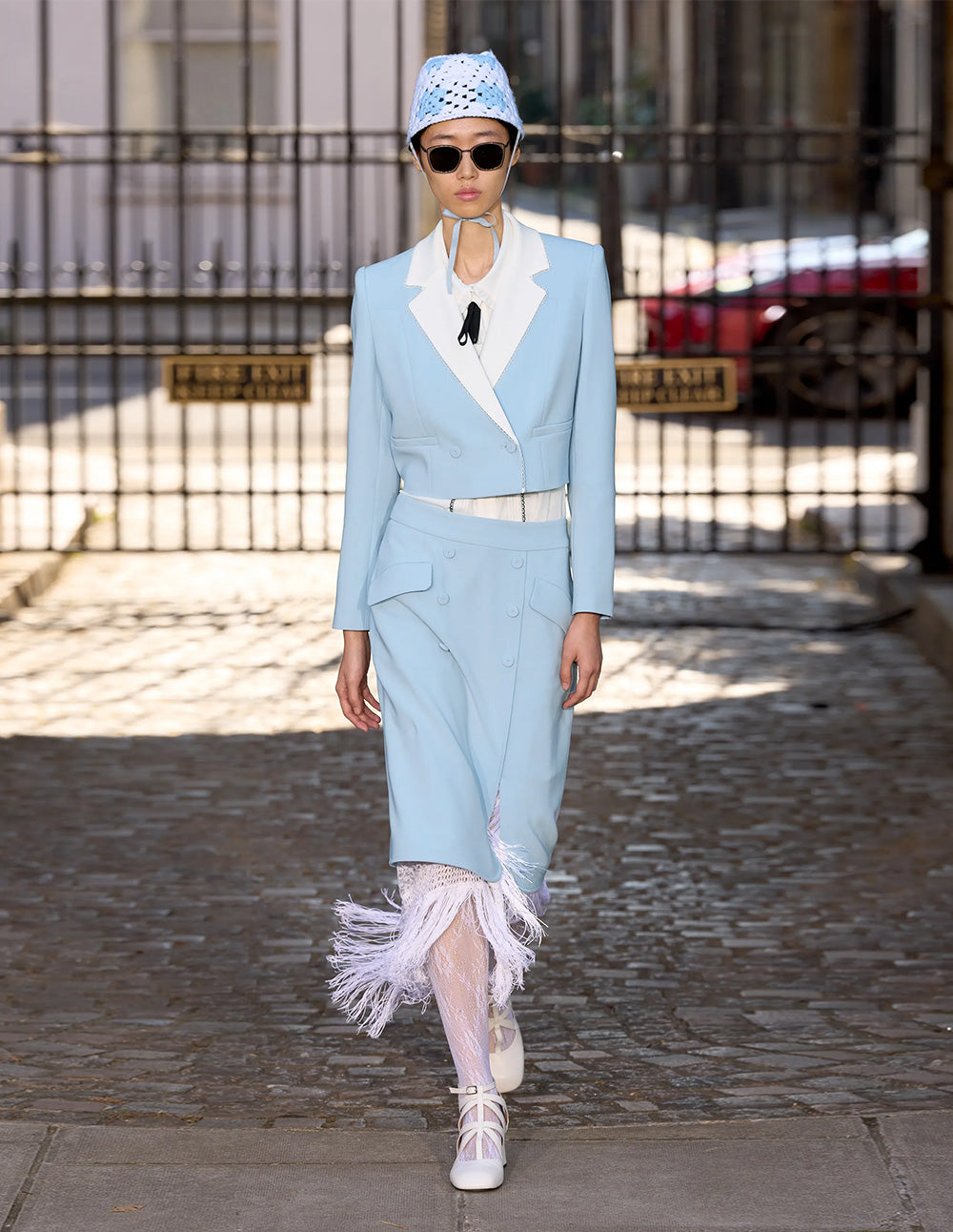 BORA AKSU Quiet Blues Lace Embellishments Notched Lapels Cropped Blazer