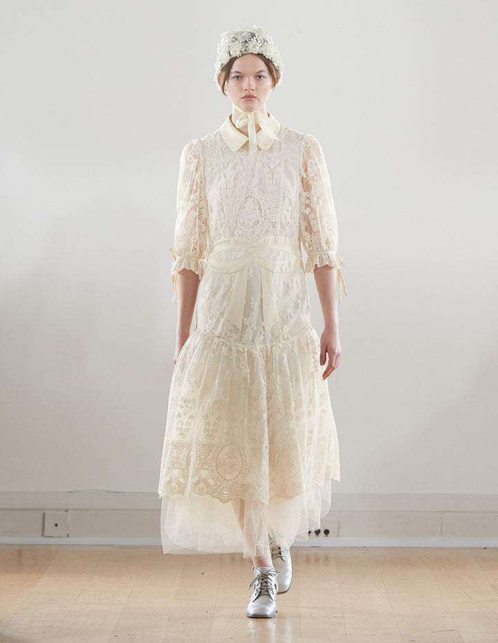 BORA AKSU Peter Pan Collar Lace Panel Pleated Dress
