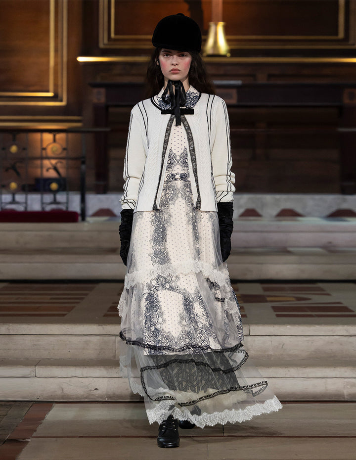 BORA AKSU Lapel Puff Long Sleeve Polka Dot Floral Lace Print Pleated Midi Dress