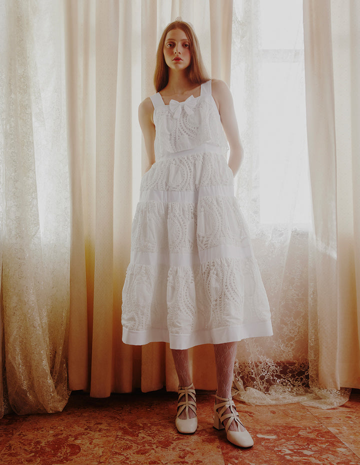 BORA AKSU Neck Bow Lace Patchwork Dress