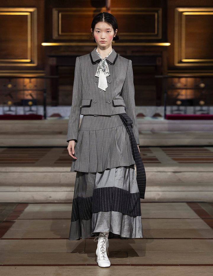 BORA AKSU A-Line High Waist Velvet Pleated Stripe Mini Skirt