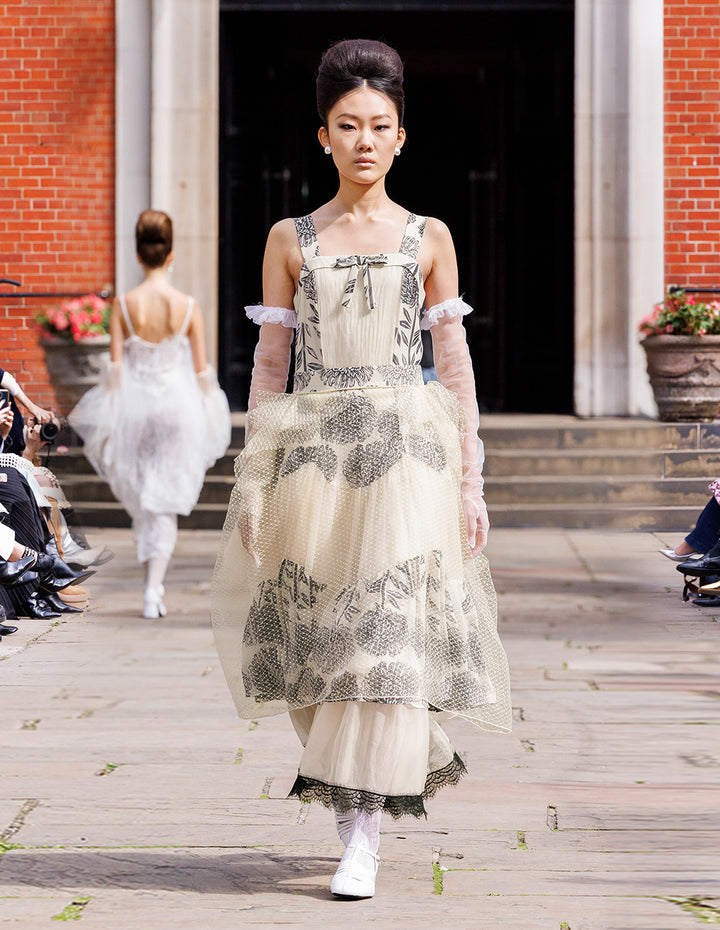 BORA AKSU Square Neck-Sleeveless Pin-Tuck Floral Print Flounce Midi Apron Dress