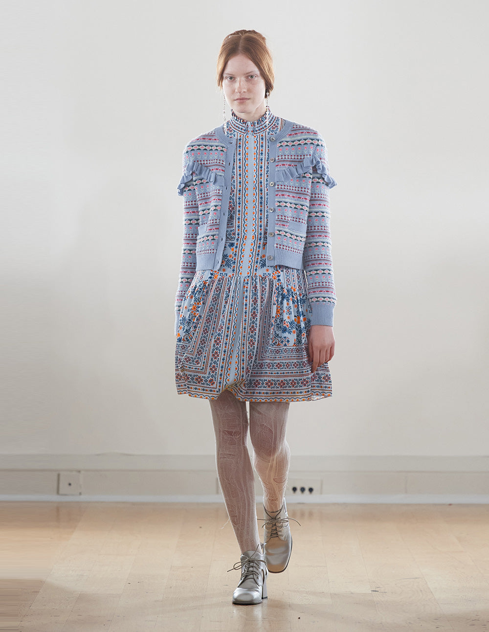 BORA AKSU Ruffle-Collar Puff Long-Sleeve Printed Pleated Midi Dress