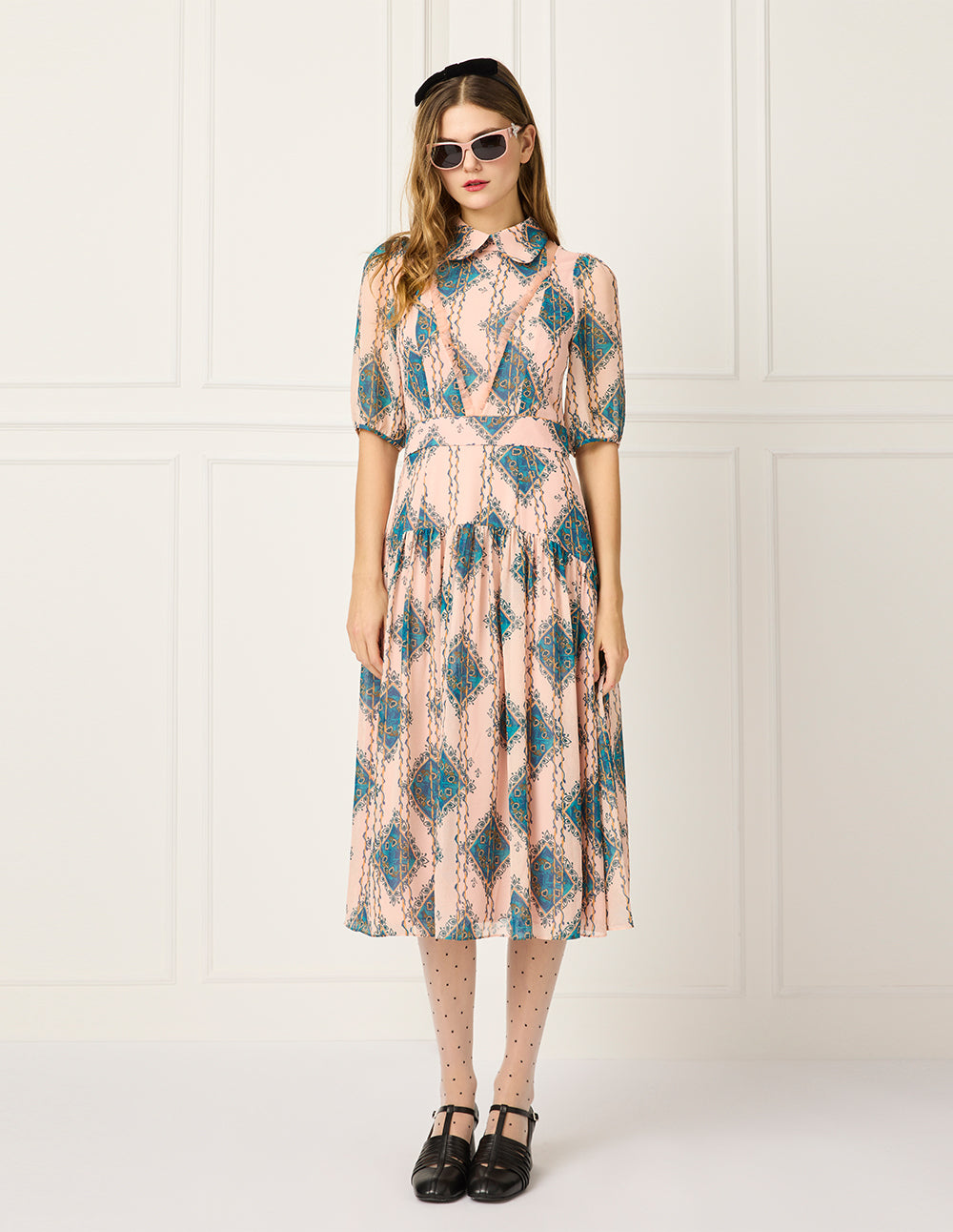 BORA AKSU Lapel Puff Short Sleeve Empire-Waist Geometric Print Pleated Midi Dress