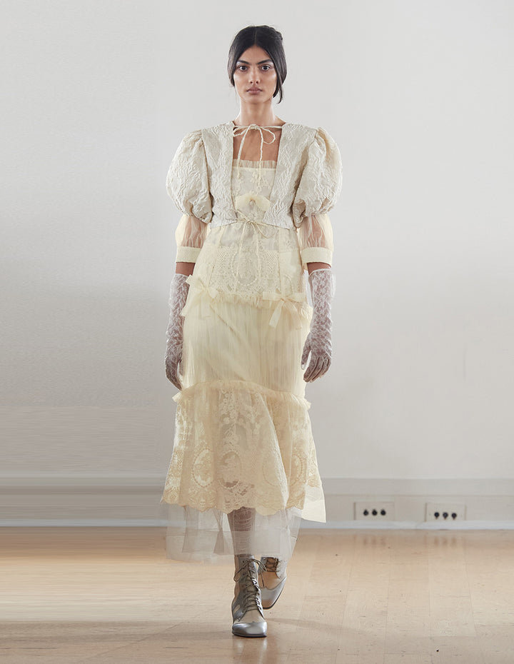 BORA AKSU Palace Style Lace Mesh Patchwork Pleated Dress