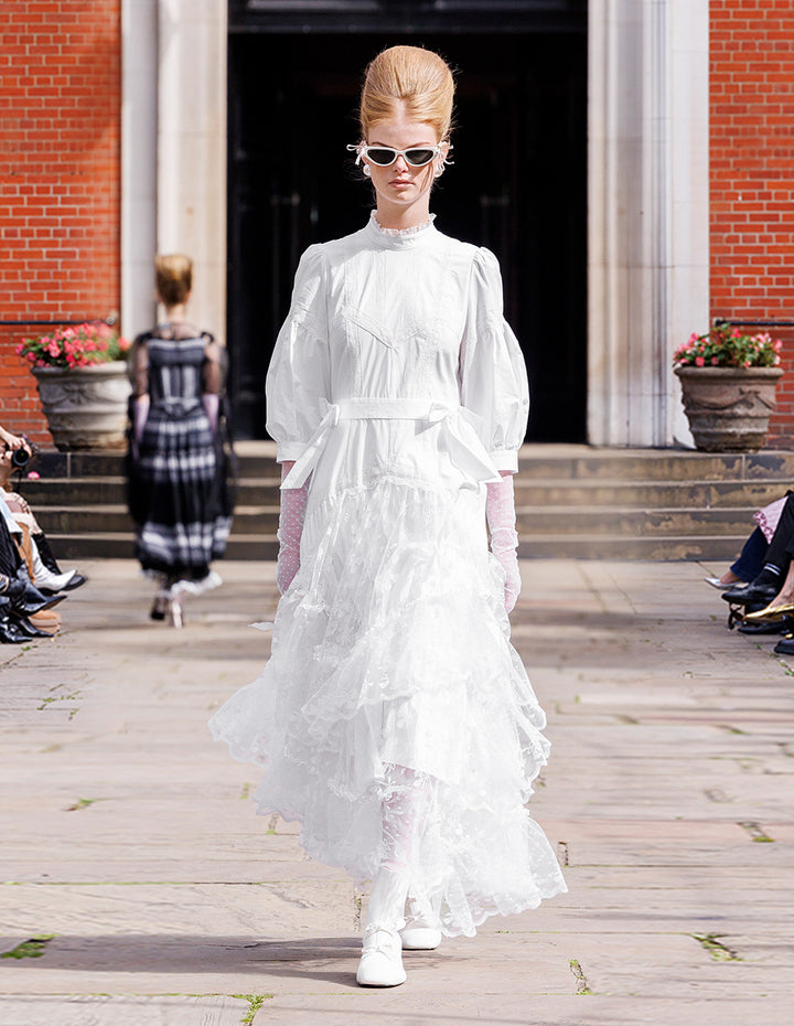 BORA AKSU Lace Stand Collar Puff Sleeve Pleated Midi Dress