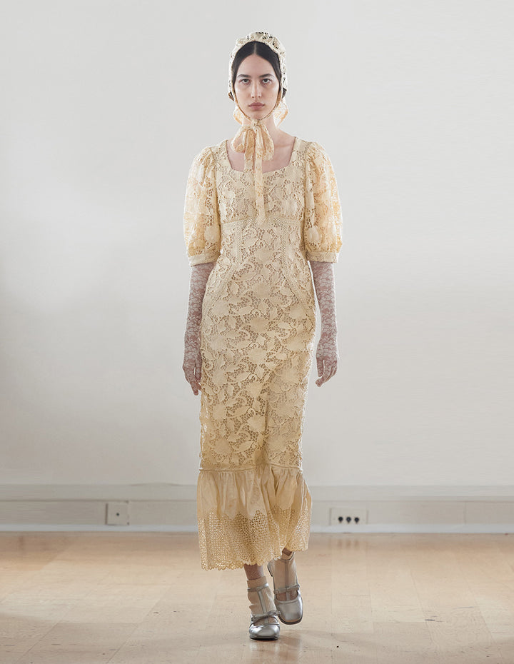 BORA AKSU Beige Fitted Lace Dress With Diamond Square Neck Puff Sleeves