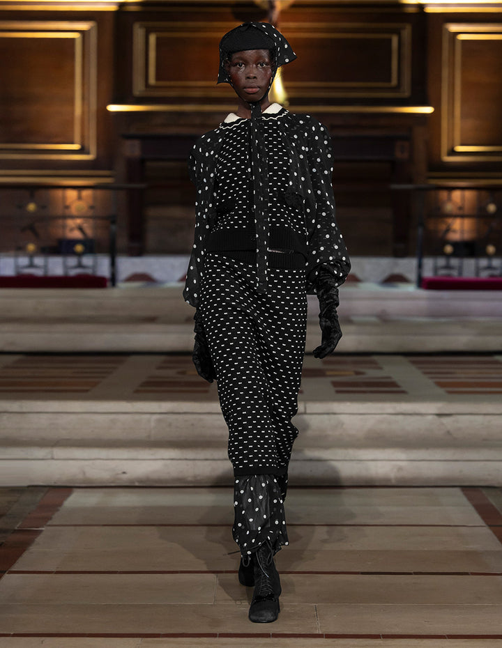 BORA AKSU High-Waist Straight-Cut White Polka Dot Wool Knit Skirt