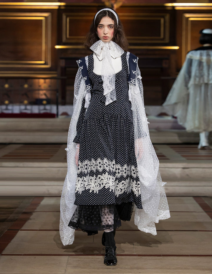 BORA AKSU Peter Pan Collar Pin-Tuck Puff Sleeve Lace Trim White Polka Dot Dress