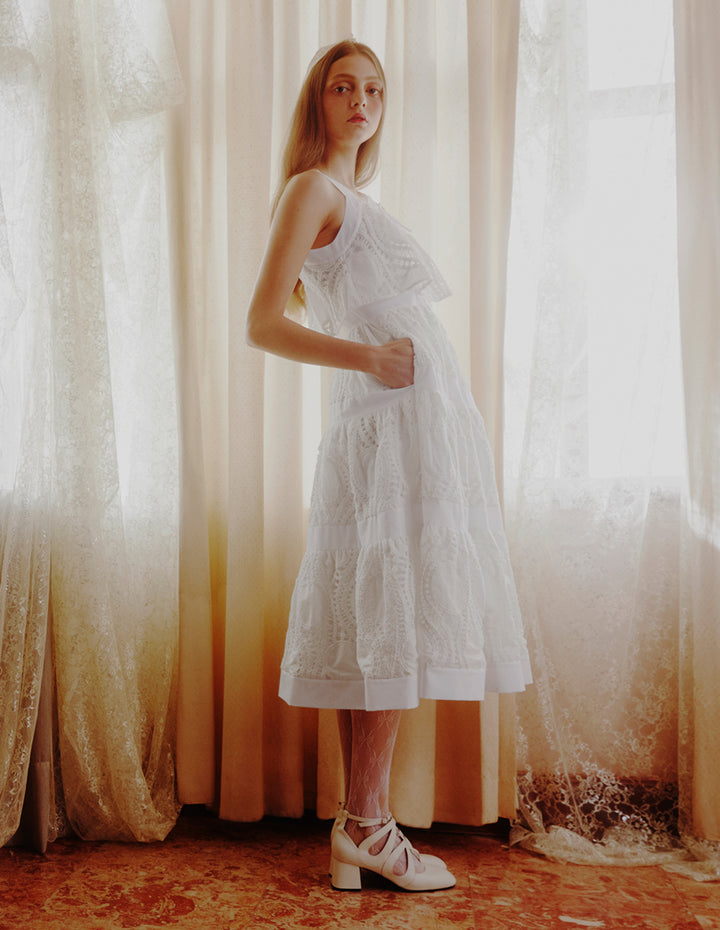 BORA AKSU Neck Bow Lace Patchwork Dress