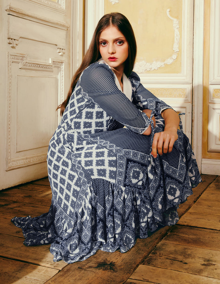 BORA AKSU French Retro Puff Sleeve Ruffle Print Dress