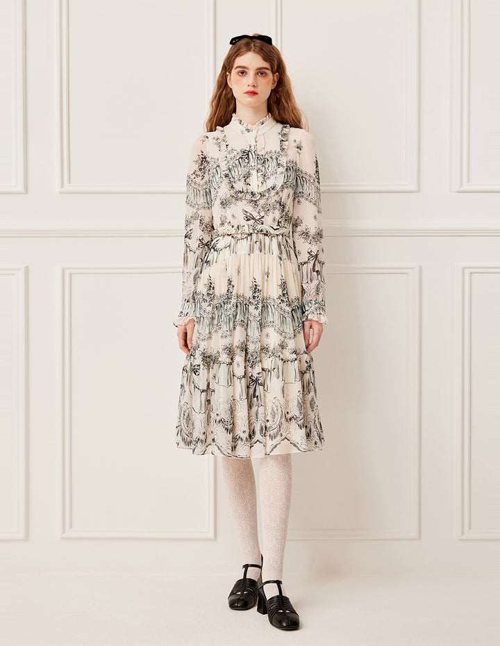 BORA AKSU Stand Collar Ruffled-Trimmed Long Sleeve Ink-Print Belted Pleated Midi Dress