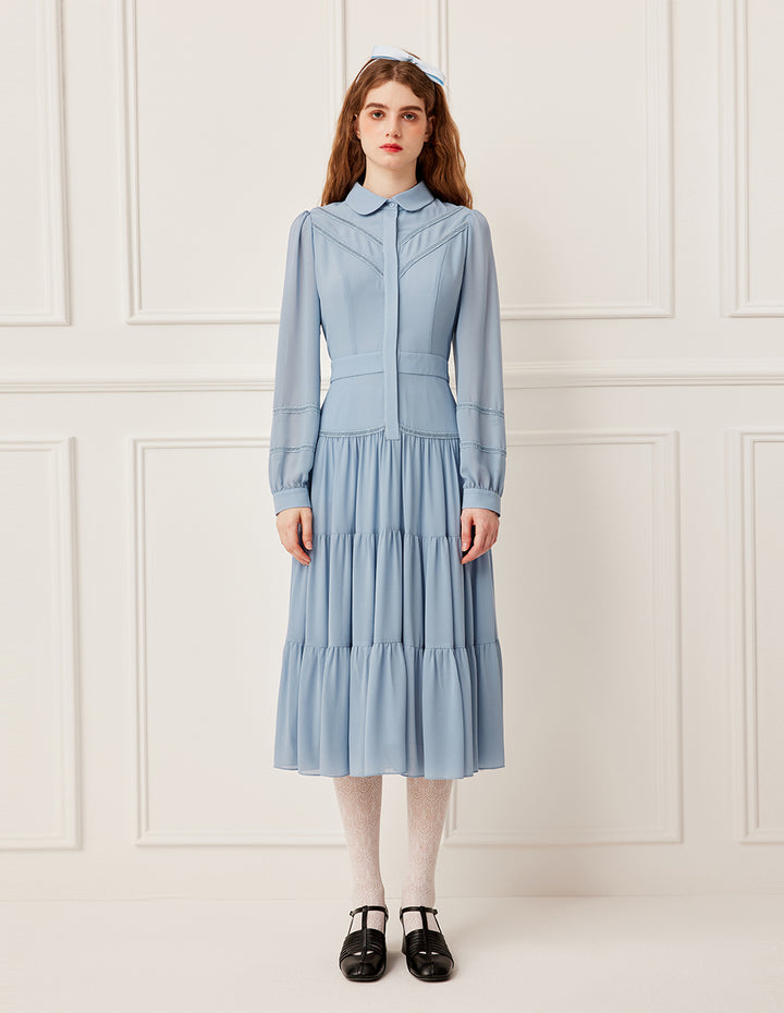 BORA AKSU Layered Ruffle-Trim Long Sleeve Pleated Midi Shirt Dress