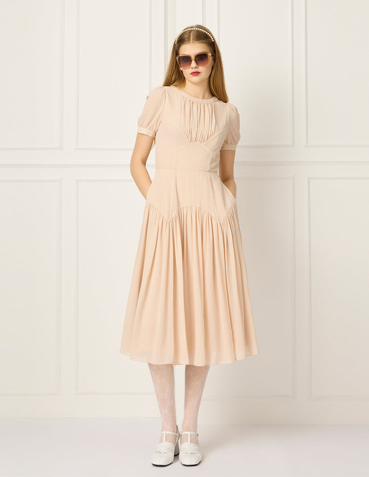 BORA AKSU Round-Neck Puff Short-Sleeve Pin-Tuck Empire-Waist Pleated Tulle Midi Dress