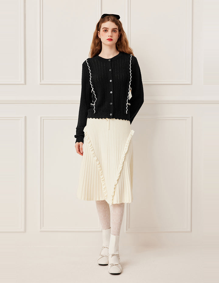 BORA AKSU Round Neck Long Sleeve Openwork White Stripes Knit Cardigan