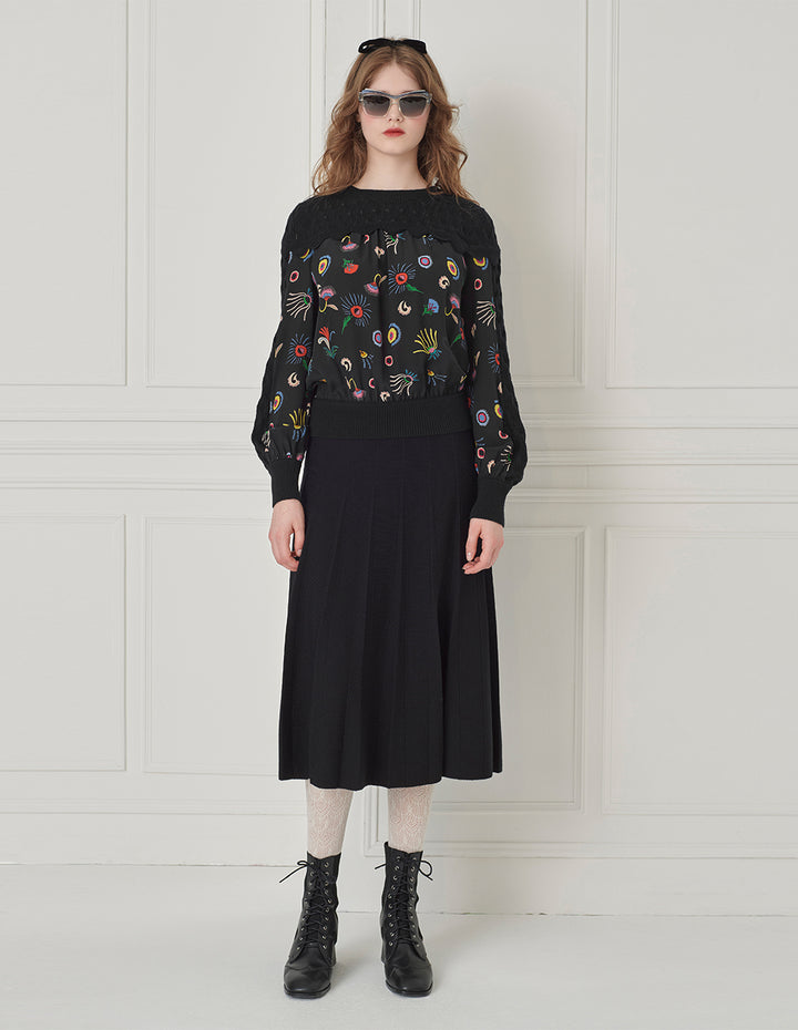 BORA AKSU Crew Neck Silk Patchwork Printed Wool Knitted Sweater