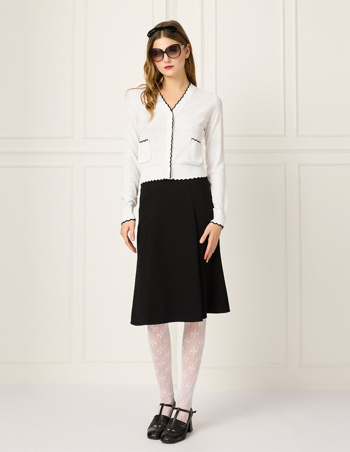 BORA AKSU V-Neck Long-Sleeve Black Ruffle-Trimmed Pointelle Knitted Cardigan