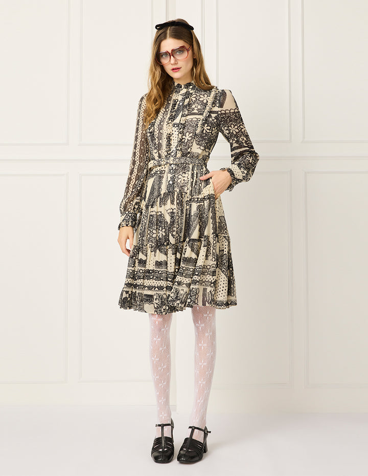 BORA AKSU Bubble Sleeve Mandarin Collar Printed Pleated Midi Dress