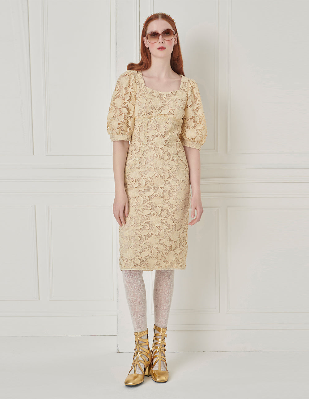 BORA AKSU Beige Fitted Lace Dress With Diamond Square Neck Puff Sleeves