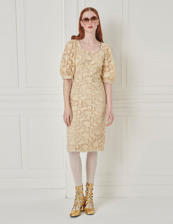 BORA AKSU Beige Fitted Lace Dress With Diamond Square Neck Puff Sleeves