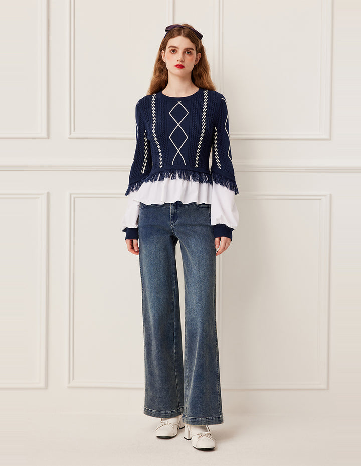 BORA AKSU Round Neck Diamond Pattern Knit Top with Shirt Front & Fringe Trim