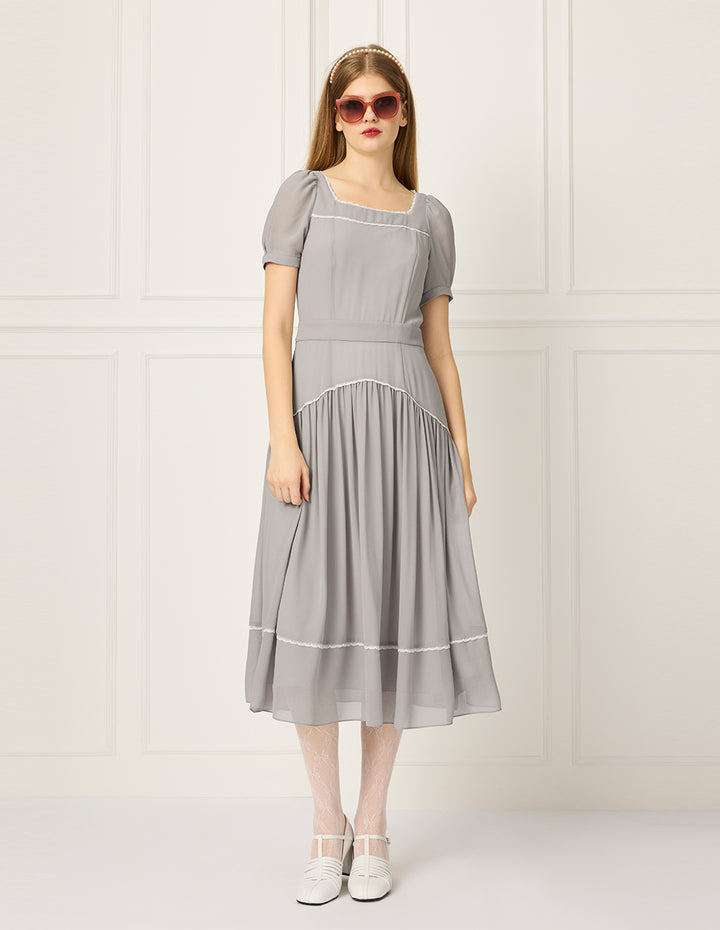 BORA AKSU Diamond-Neck Puff Short Sleeve Empire-Waist Lace-Trim Pleated Dress