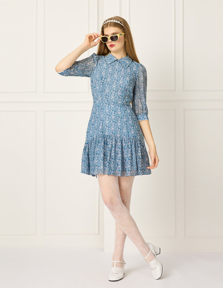 BORA AKSU Collared Puff-Sleeve Floral-Print Flounce Midi Dress