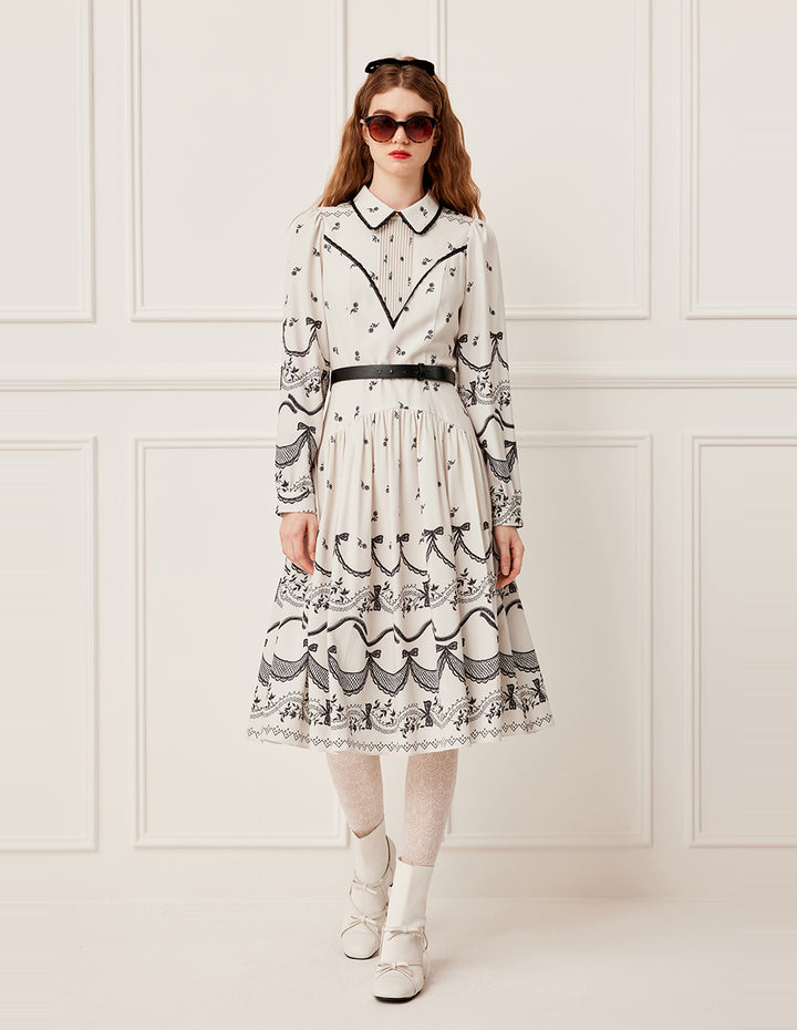 BORA AKSU Pin-Tuck Floral Print A-Line Ruffle-Trimmed Midi Shirt Dress