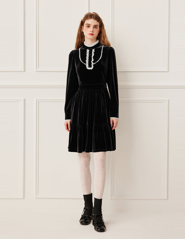 BORA AKSU Black & White Color Block Ruffle Mandarin Collar Velvet Midi Dress