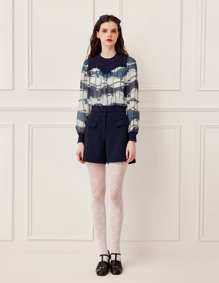 BORA AKSU Knitted Round Neck Patchwork Blue Ocean Print Long Sleeve Cropped Top