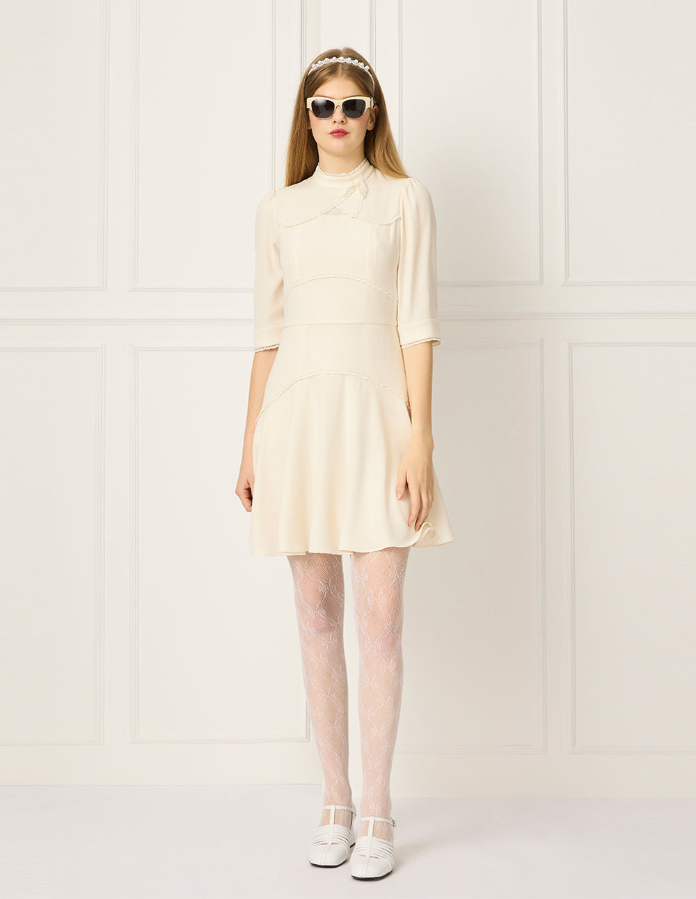 BORA AKSU Stand-Collar Puff Sleeve Ruffle-Trimmed Pleated Midi Dress