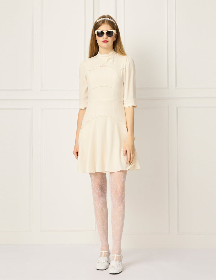 BORA AKSU Stand-Collar Puff Sleeve Ruffle-Trimmed Pleated Midi Dress