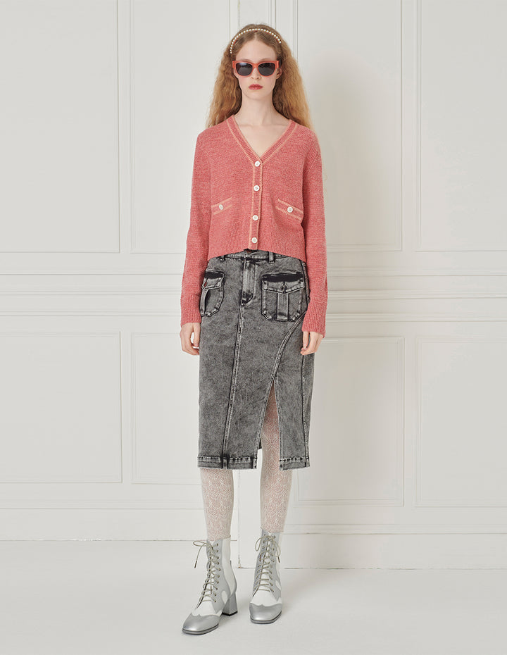 BORA AKSU Two-Color Mixed Knitted Small Fragrance V-Neck Knitted Cardigan