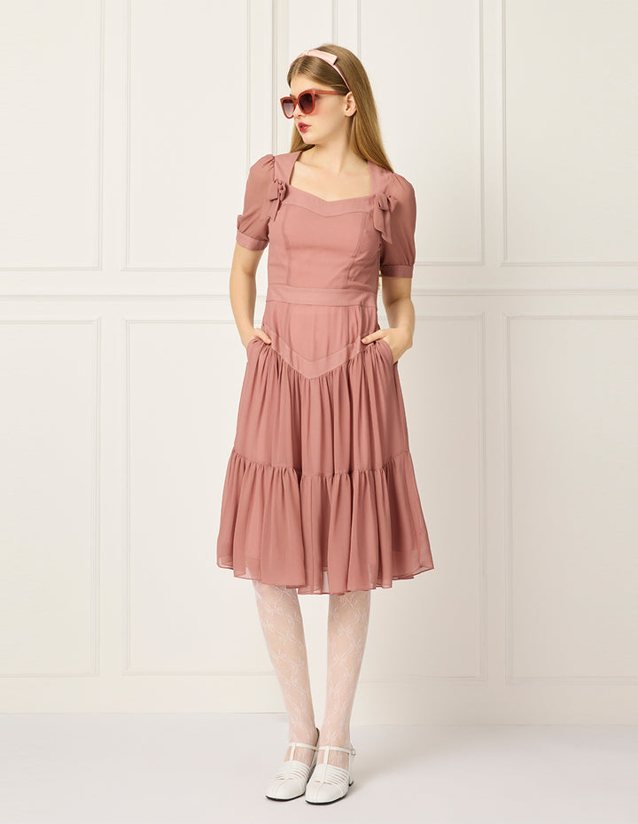 BORA AKSU Diamond Collar Bubble Short Sleeve Bowknot Flounce Midi Dress