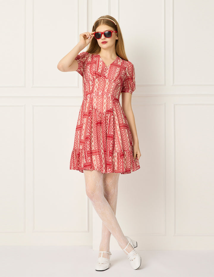 BORA AKSU V-Neck Puff Short Sleeve Geometric Print Pleated Midi Dress