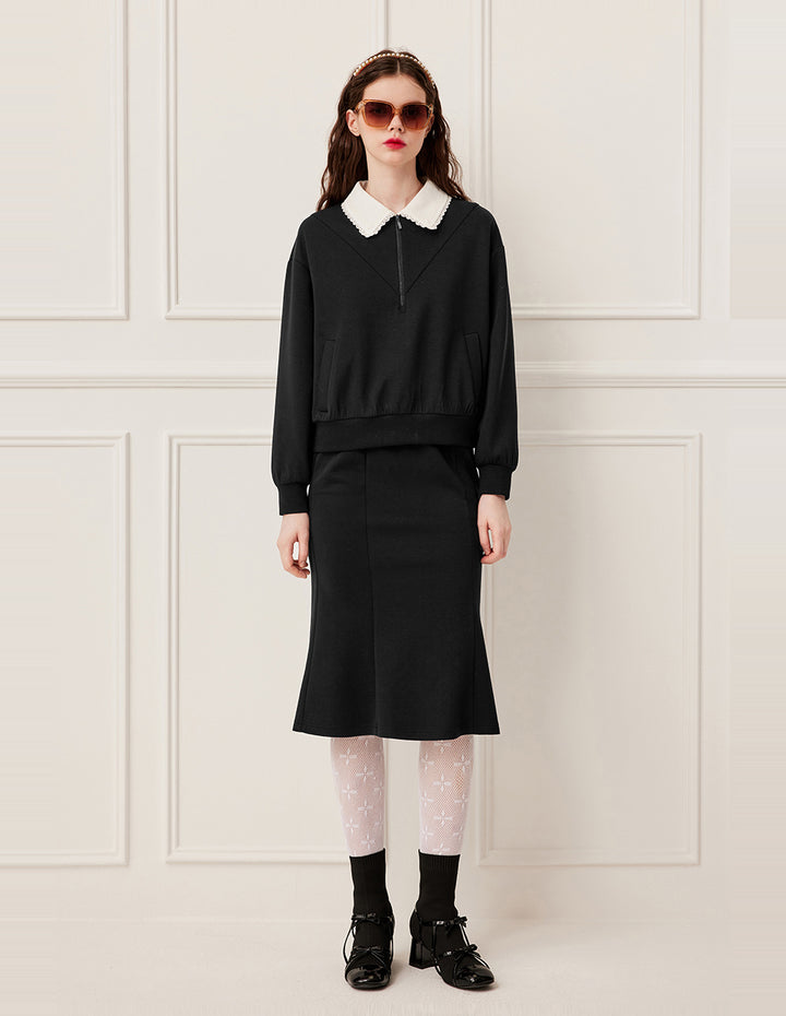 BORA AKSU Notched Collar Zip-Up Hooded Ribbed Sweatshirt