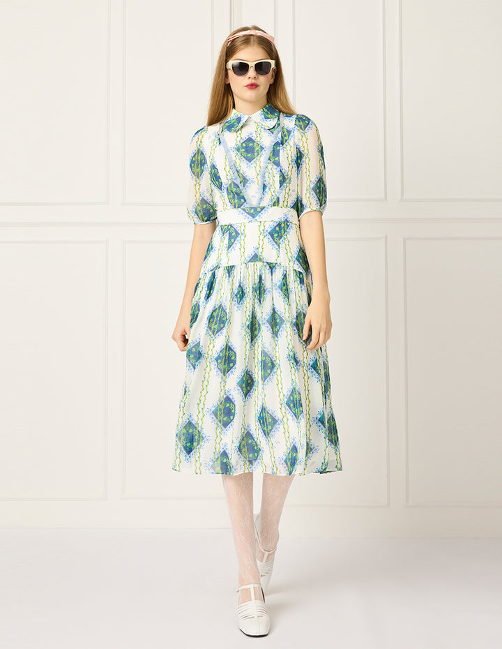 BORA AKSU Lapel Puff Short Sleeve Empire-Waist Geometric Print Pleated Midi Dress