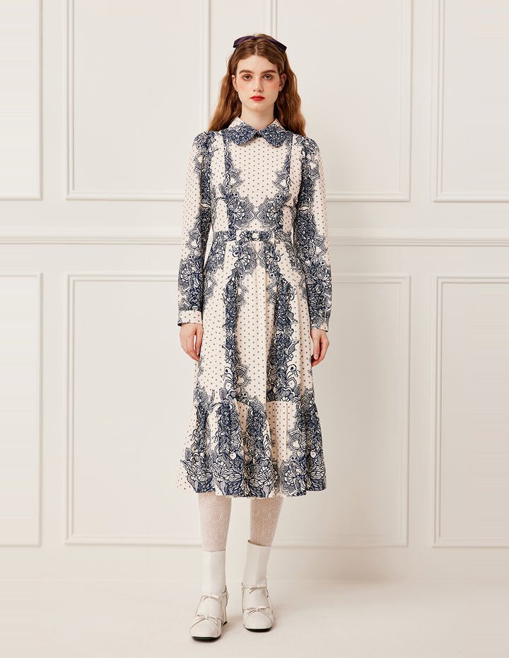 BORA AKSU Lapel Puff Long Sleeve Polka Dot Floral Lace Print Pleated Midi Dress