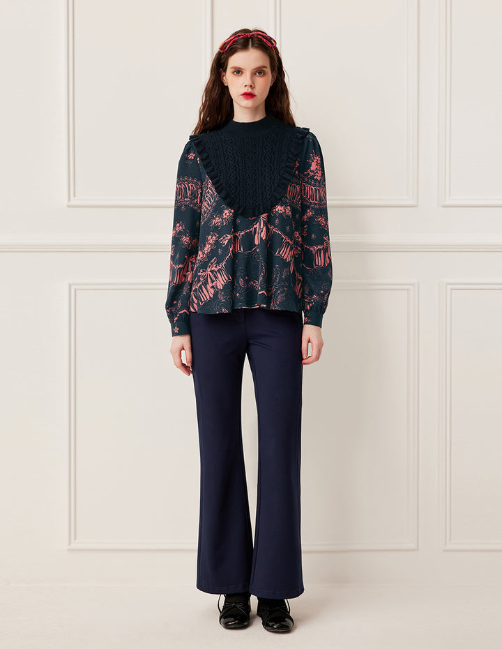BORA AKSU Semi-High Neck Wool Knit Patchwork Print Top