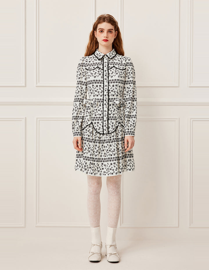 BORA AKSU Black Floral Print Puff Sleeve Midi Dress with Lace Trim