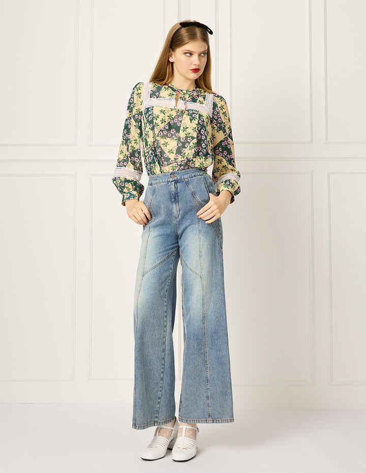 BORA AKSU Bubble Sleeve Tie-Neck Floral Print Blouse
