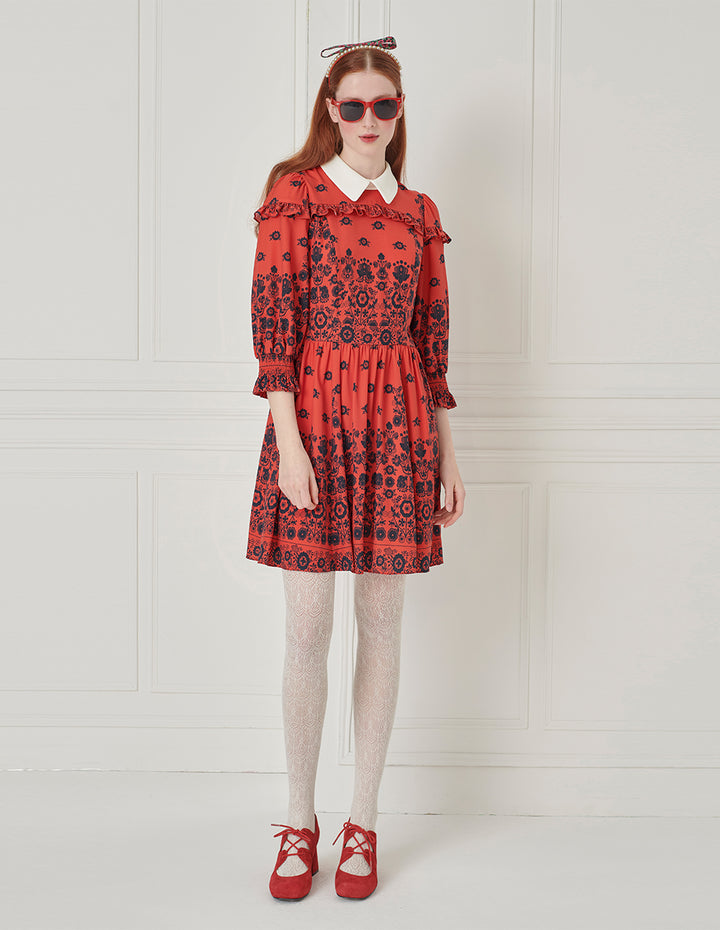 BORA AKSU Peter Pan Collar Long Bubble Sleeve Ruffle Floral Print Dress