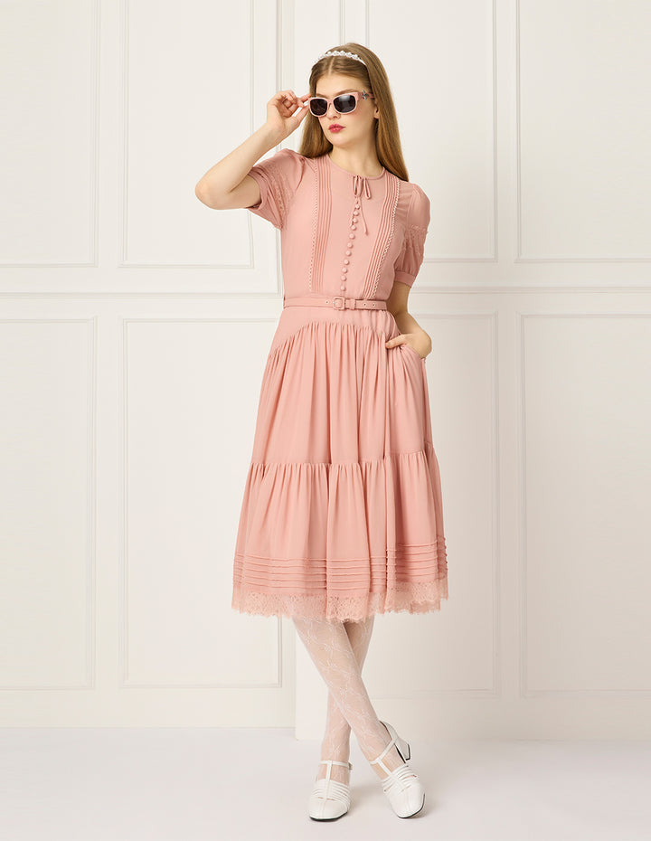 BORA AKSU Round Neck Pin Tuck Tulle Puff Short Sleeve A-Line Flounce Midi Dress