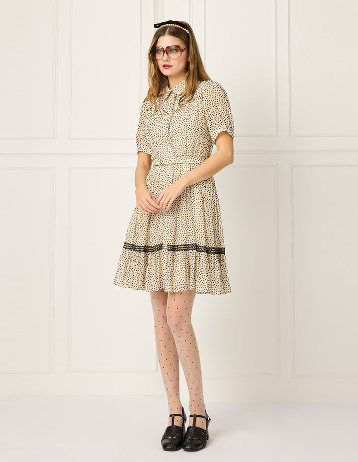 BORA AKSU Lapel Short-Sleeve Polka Dot Print Ruffle-Trimmed Pleated Midi Dress