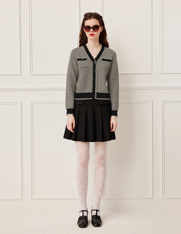 BORA AKSU V-Neck Ruffle Geometric Patterned Knit Cardigan
