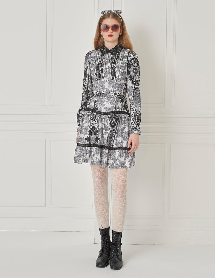 BORA AKSU Peter Pan Collar Puff Sleeve Lace Print Midi Dress