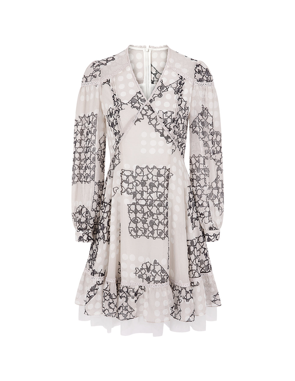 BORA AKSU French V-Neck Lace-Embellished Pleated Printed Dress