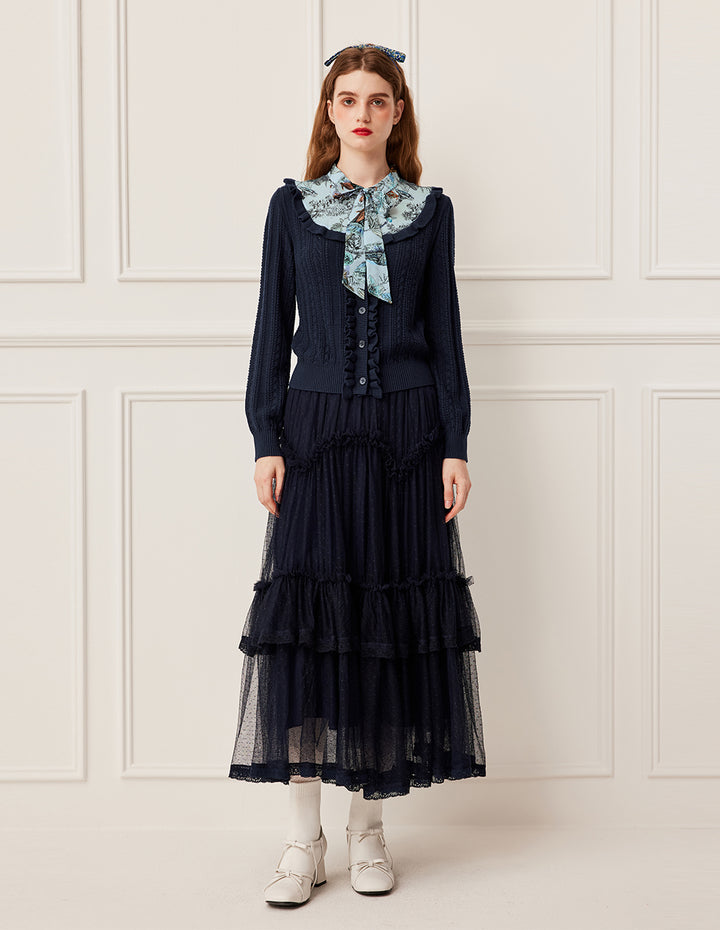 BORA AKSU Ruffled Trim Knit Top Patchwork Print Sash Tie Knitted Pullover